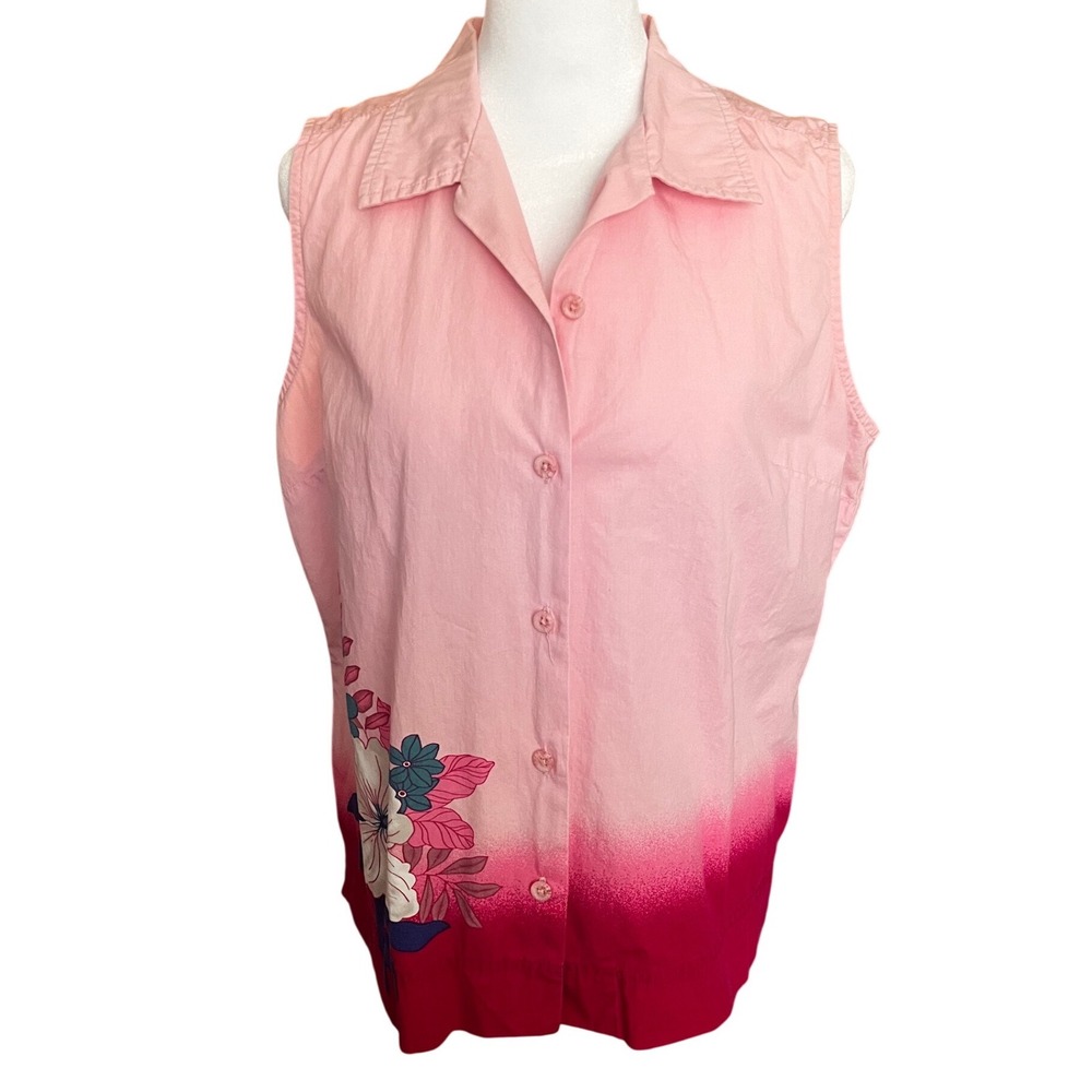 NWOT Columbia Womens Pink Ombre Floral Sleeveless Button Down Shirt Cotton Large